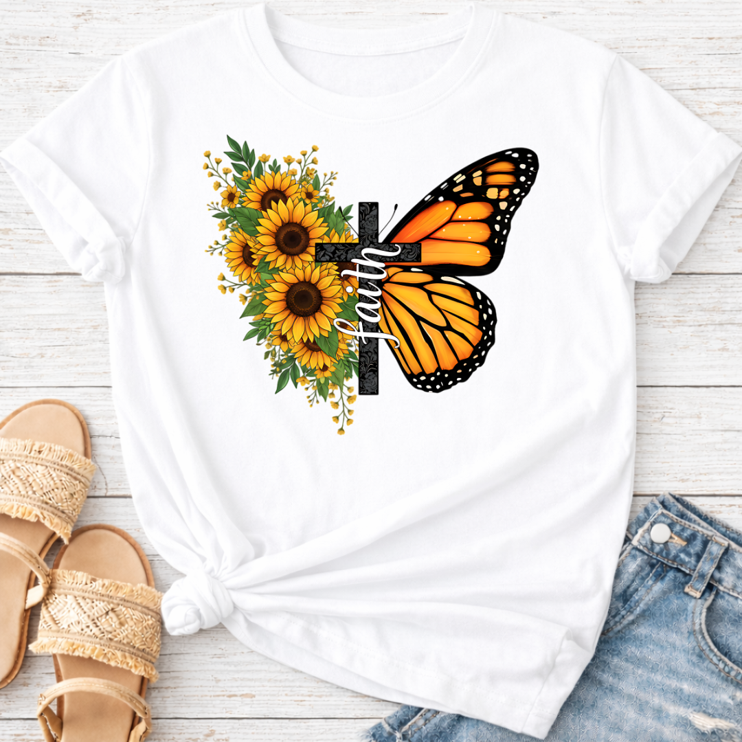 SUNFLOWER BUTTERFLY CROSS T-SHIRT
